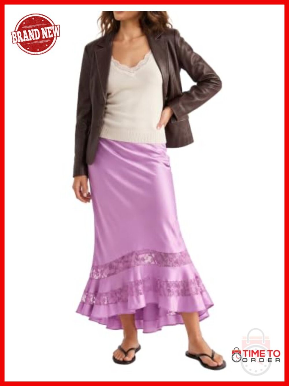 Womens Silky Satin Lace Asymmetrical Ruffle Hem Midi Skirt